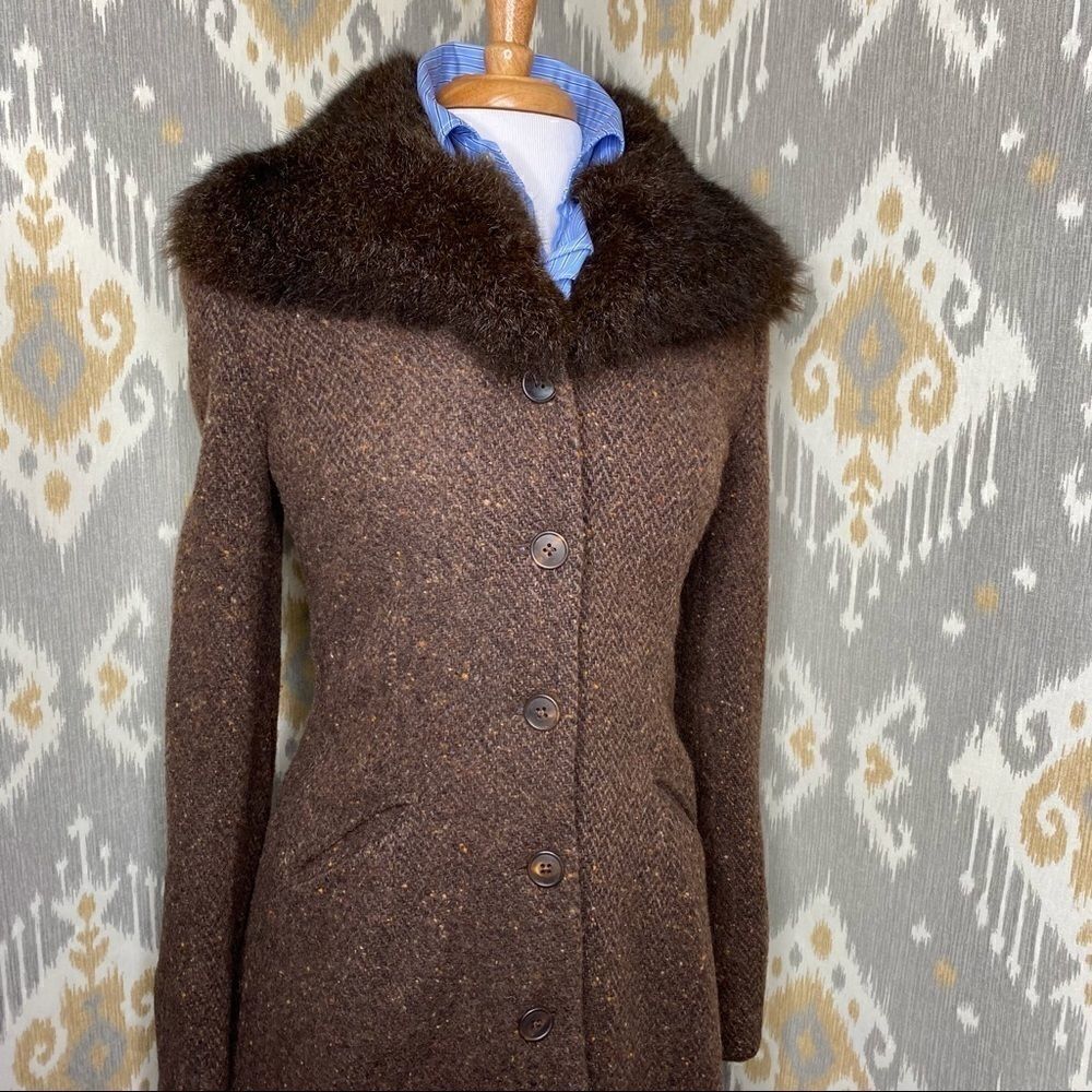 Ralph Lauren Cocoa Brown Lamb Tweed & Opossum Collar Full Length Coat - Picture 12 of 16